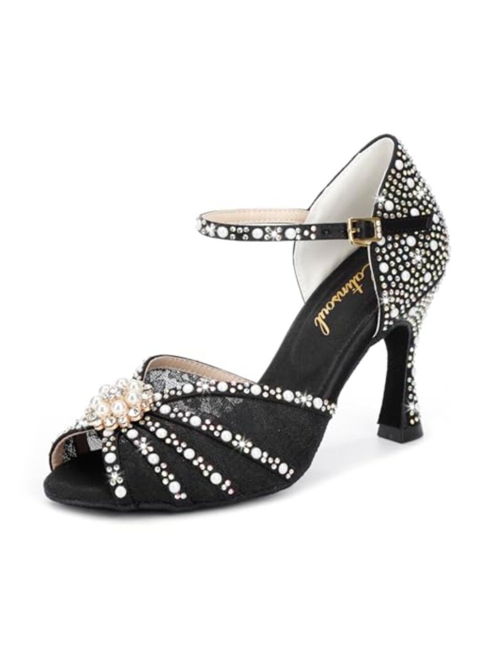 Crystal Rhinestone Lace Latin Dance High Heel Shoes with Adjustable Ankle Strap